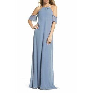Nouvelle AMSALE Womens Blue Ruffle Sleeve Halter Gown Slate Size S NG24